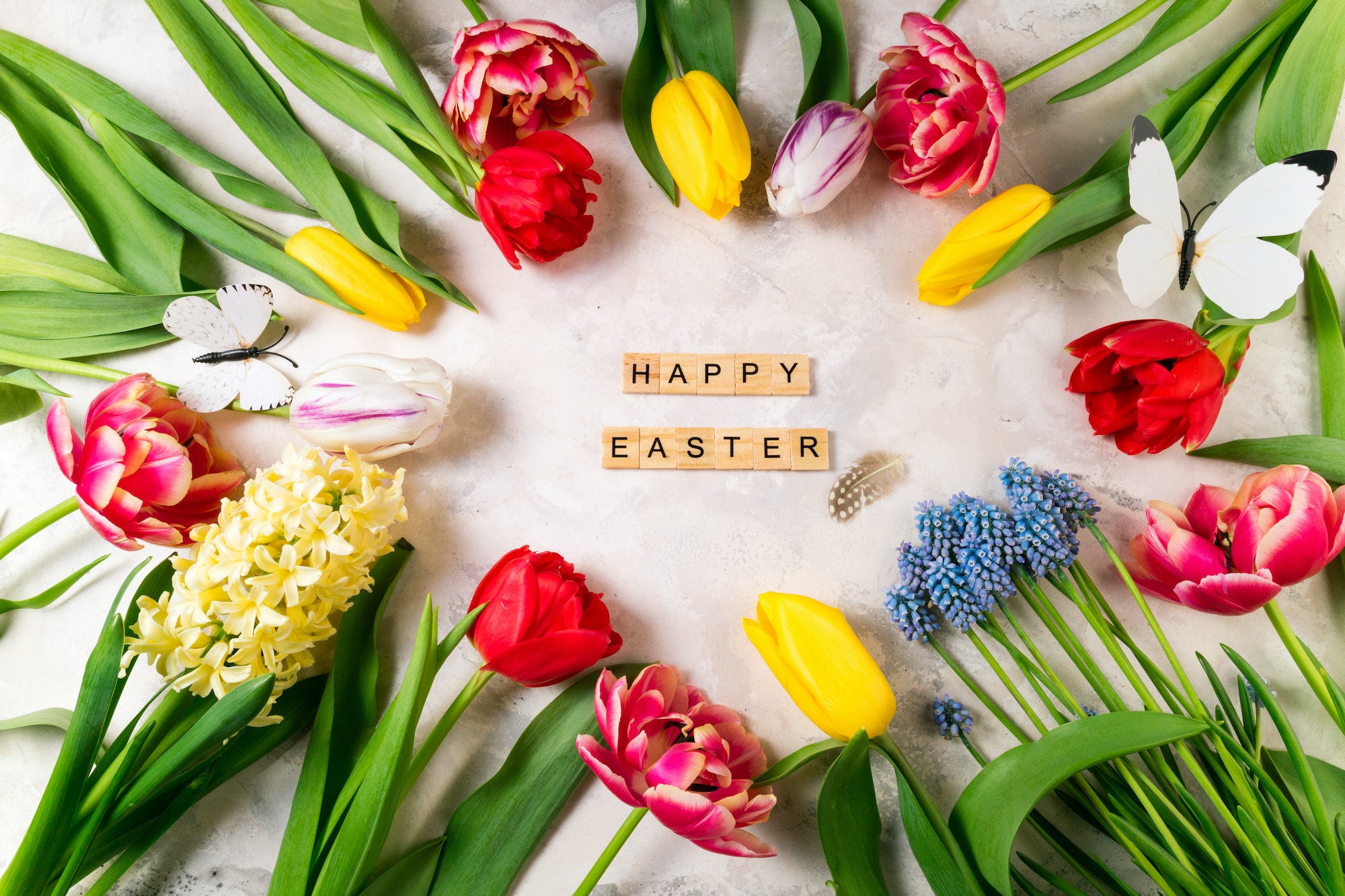 Easter background with spring flowers, Easter eggs and decorations